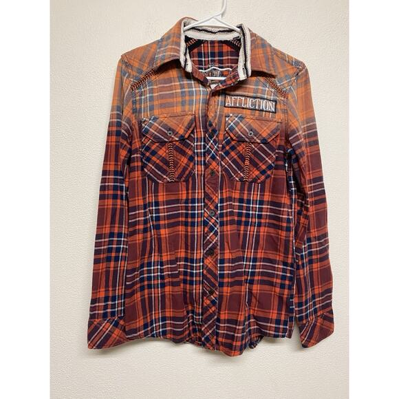 Affliction Men Button Up Shirt Medium Plaid Y2K Logo Embroidered Live Fast - Picture 1 of 8